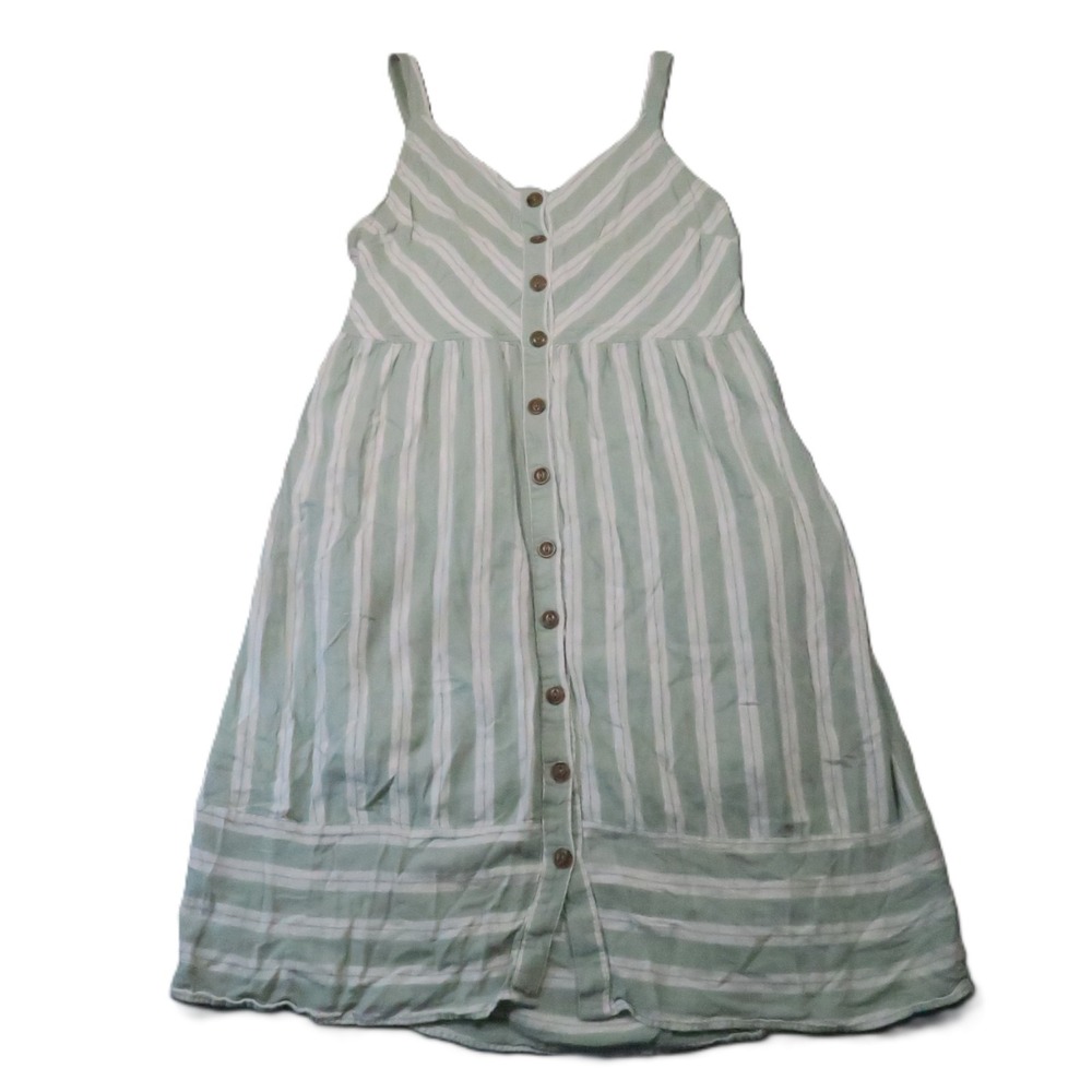 Universal‎ Thread Linen Blend Midi Dress 2XL Green Striped Strappy Button Summer